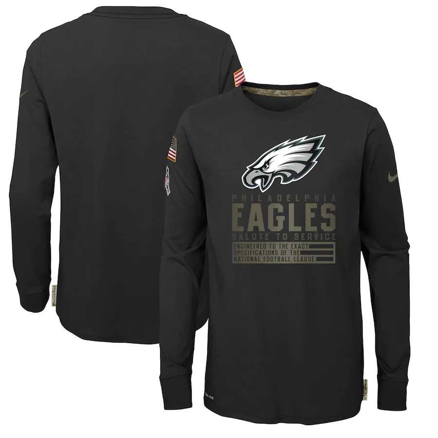 Nike Philadelphia Eagles Youth Black Salute to Service Long Sleeve TShirt.